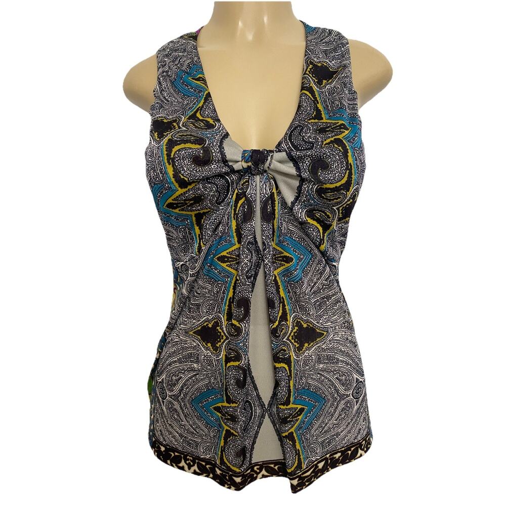 ETRO Top Blouse Sleeveless V Neck Knot Multi Color Paisley Floral 46 10 M